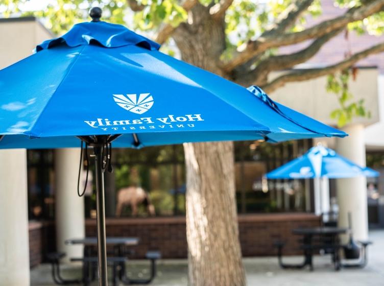 Holy Family University umbrellas at Campus Center